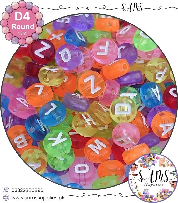 Letter Beads (3) Round White Alphabet Letter Beads Transparent Multicolor Background For Jewelry Making, Bracelet Making Accessories Buy Online in Pakistan at SAMS SUPPLIES in Wholesale Prices - Image 1