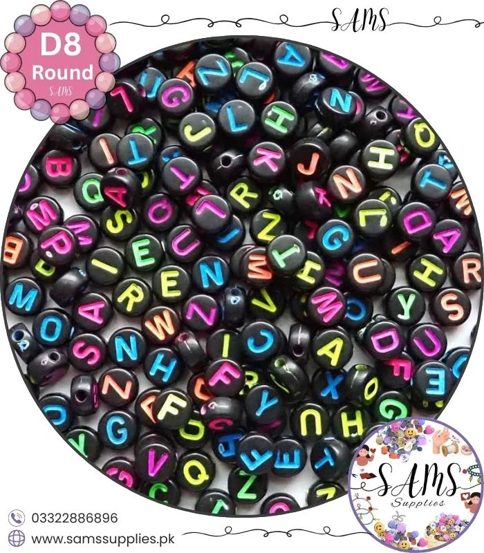 Letter Beads (3) Round Multicolor Alphabet Letter Beads Black Background For Jewelry Making, Bracelet Making Accessories Buy Online in Pakistan at SAMS SUPPLIES in Wholesale Prices - Image 1
